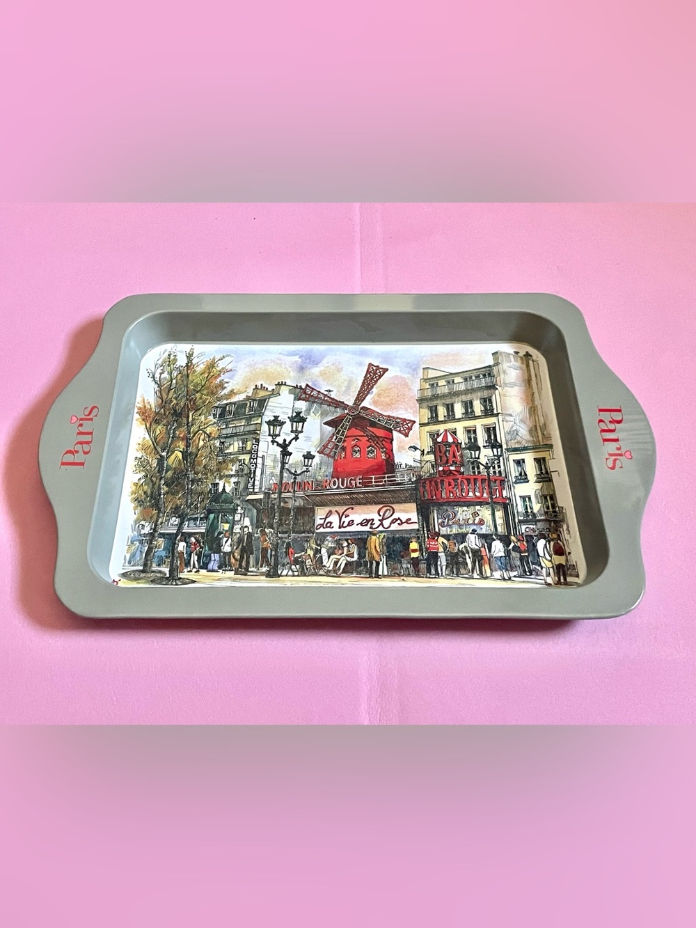 NEW Decorative Moulin Rouge Tray with Paris Illustration Gray - Red Accent